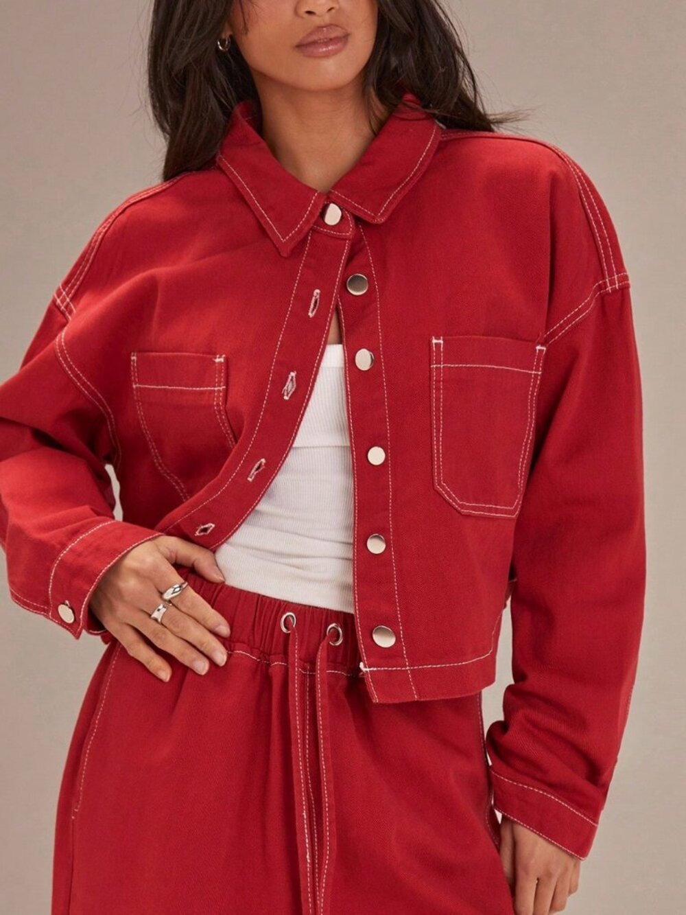 Red Casual Women's Denim Jacket - Picture 4 of 5